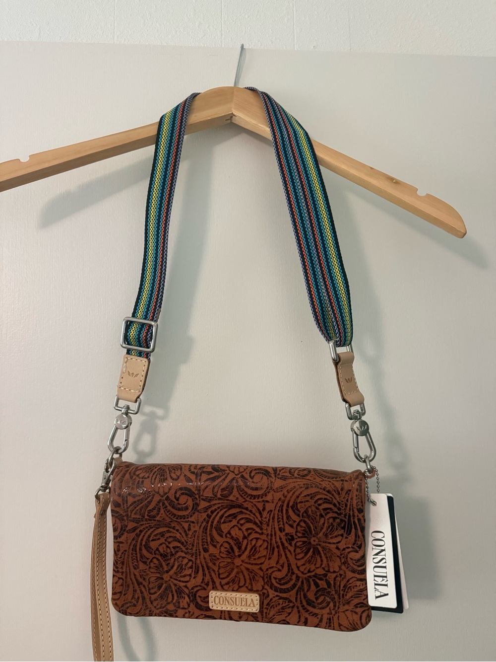 Consuela Uptown Sally Brown Floral Embossed Leather Crossbody with Rainbow Strap - Picture 2 of 6